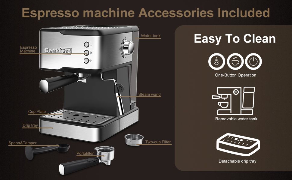 geek chef espresso machine espresso and cappuccino latte maker 20 bar pump coffee machine compatible with ese pod capsules filter 950w 15l water tankbanned selling amazon