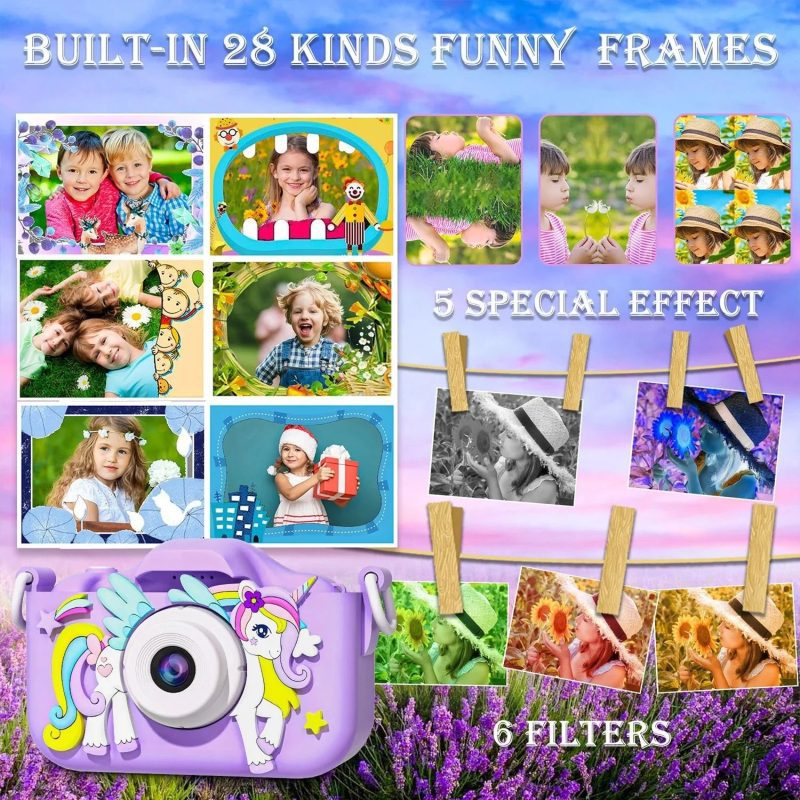 kids mini camera cartoon unicorn toys for girls boys birthday gifts 1080p hd 2inch screen with 32g sd card record life camera 598173